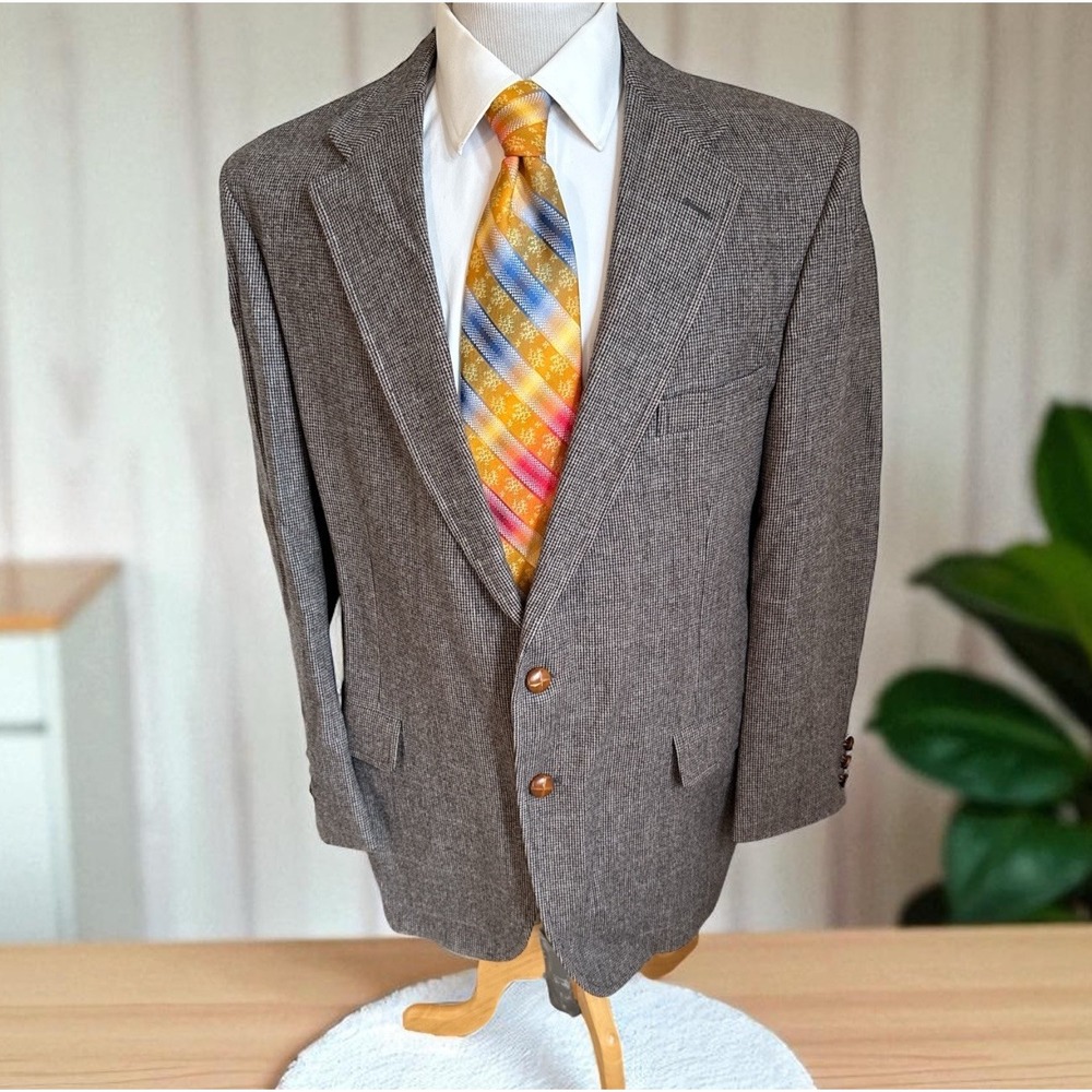 Vintage Palm Beach Tweed 100% Wool Sport Coat Blazer Jacket‎ Sz 44R Brown Plaid